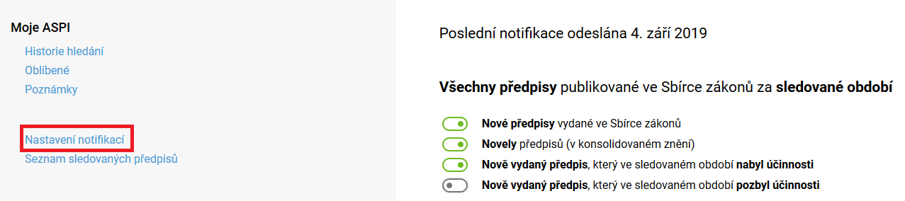 Moje ASPI nastavení notifikací